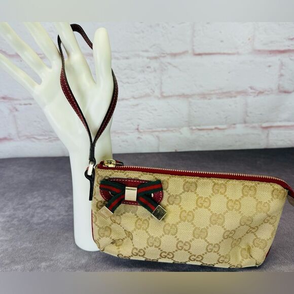Gucci Sherry Web Bow Khaki Gg Monogram Canvas Wristlet Bag - Picture 1 of 12